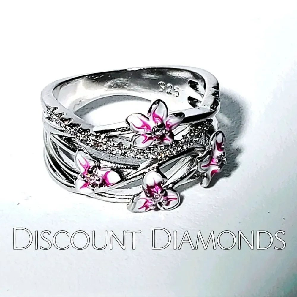Pink Flower Clear White Diamond Ring on 925 Sterling Silver - Women's